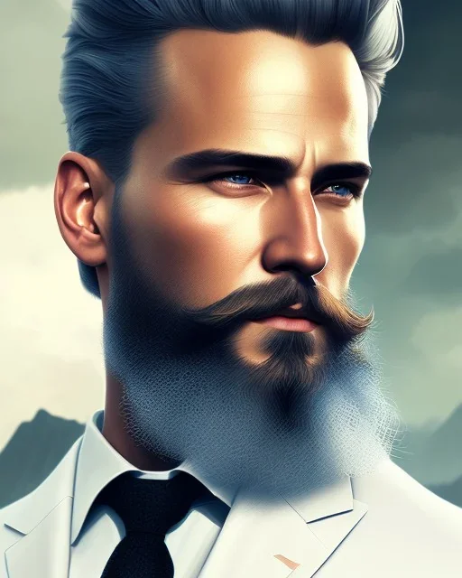 Handsome human male, educated man, with a trimmed but uneven beard, blue eyes, slick blonde hair, full-scale head and shoulders portrait, concept art portrait by Greg Rutkowski, WLOP, Alphonse Mucha dynamic lighting hyperdetailed intricately detailed Splash, volumetric lighting fantasy