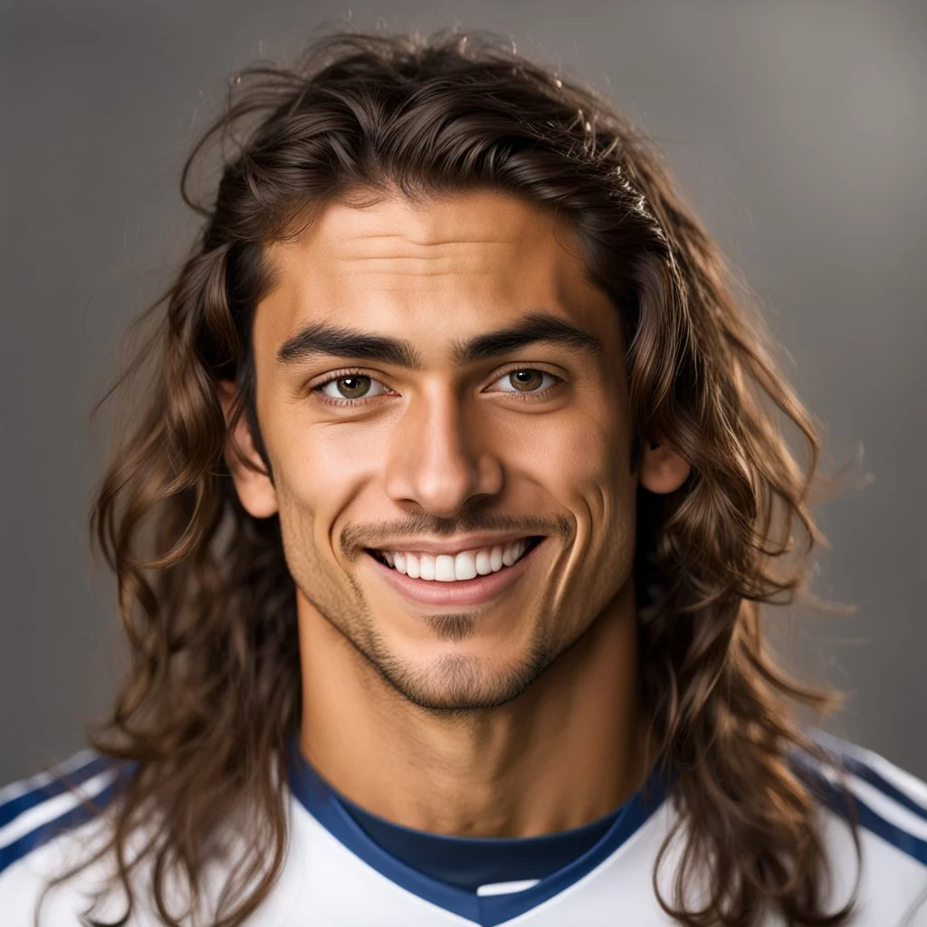 85mm DSLR color photography of a very detailed headshot fitting all of head and hair in frame. 23-year-old Brazilian soccer player, with and with no facial hair and has a with a small smile, grey background has a soft look on his face has smooth long hair