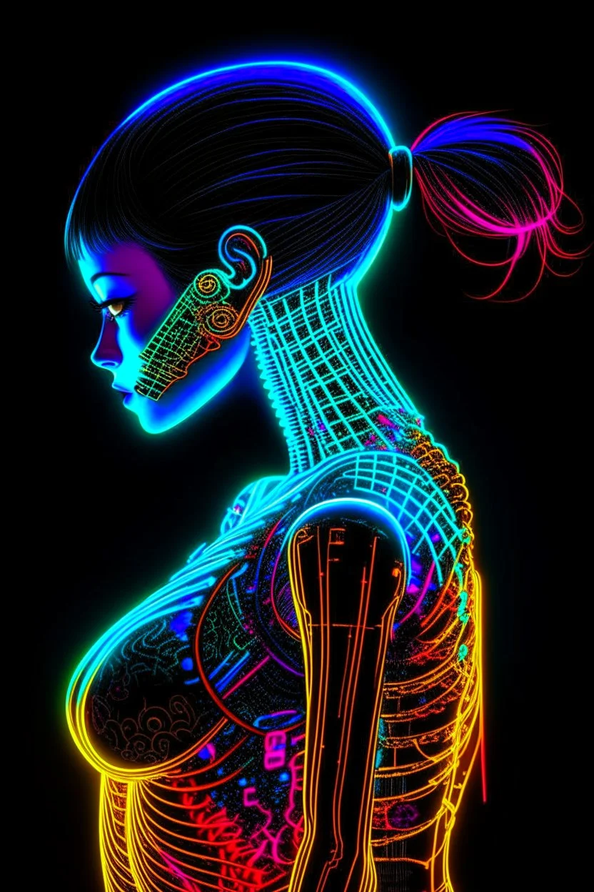 a woman with a skeleton on her back, perfect anime cyborg woman, female cyberpunk anime girl, anime cyberpunk, cyberpunk anime girl, anime cyberpunk art, glowing neon skin, cyberpunk anime art, anime cyborg, beutiful girl cyborg, female cyborg black silhouette, holy cyborg necromancer girl, beautiful alluring female cyborg, cyberpunk anime girl mech