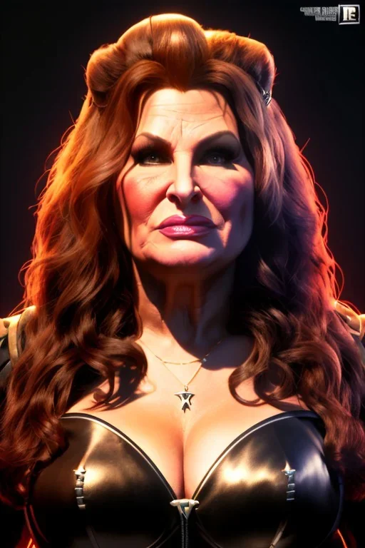 Jennifer Coolidge as evil queen in black leather, busty, cleavage, angry, stern look. character design by cory loftis, . unreal engine 5, artistic lighting, highly detailed, photorealistic, fantasy