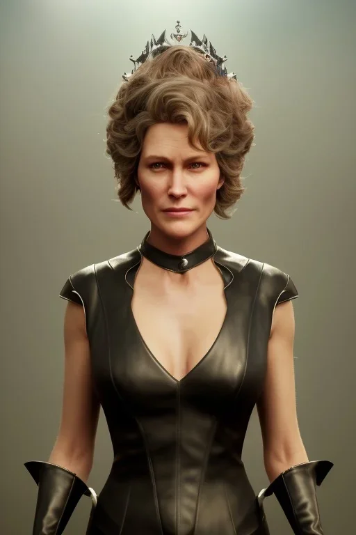 Robin Wright as evil queen in black leather, busty, cleavage, curvy, Claire Underwood, angry, stern look. character design by cory loftis, fenghua zhong, ryohei hase, ismail inceoglu and ruan jia. unreal engine 5, artistic lighting, highly detailed, photorealistic, fantasy