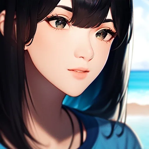 black haired woman, casual clotting, realistic, HD4k, watery cloud background, close up shot,