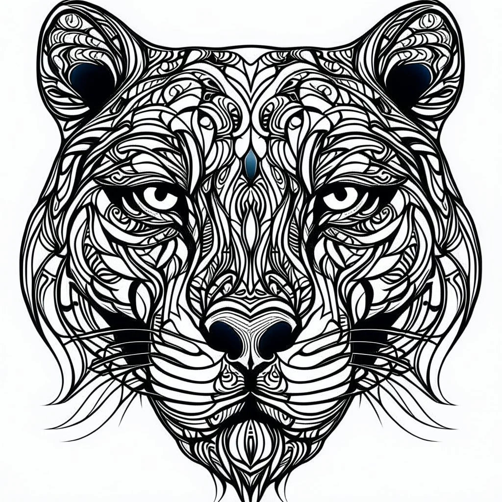 Panther front face view, cartoon, mandala, white back ground color, real style, realistic, minimalistic, minimal black line art, line art, crisp line art, unique coloring sheet, outlined, outline, crisp, crisp line edges, illustration, thin lines, crisp clear lines, line art, clean line art, unique, 8k, amazing, masterpiece, no colors, no dark color, no black color, avoid thick black, minimalistic line edges, pure white back ground, image character full fit to page,