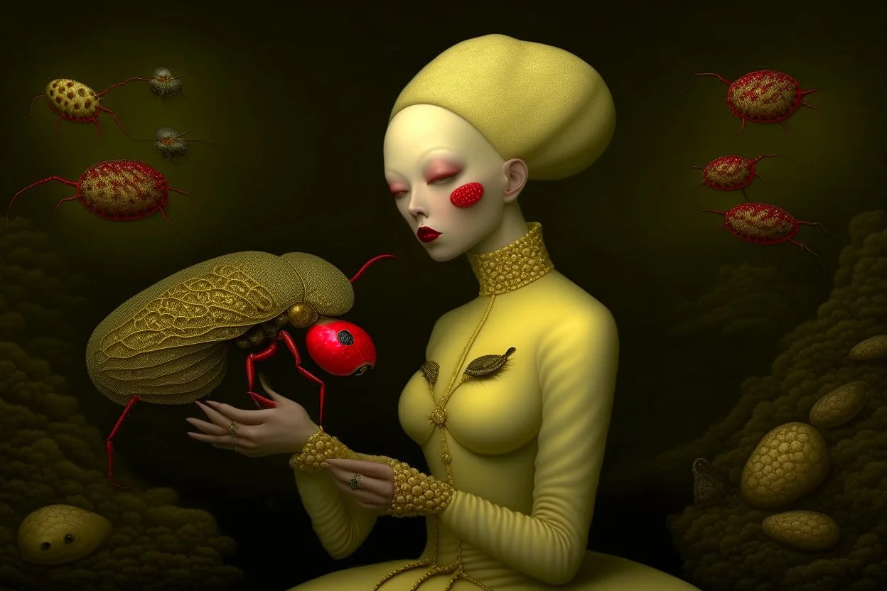 a woman with a bug in her hand, Ray Caesar, featured on cg society, daz3d, behance hd, surrealist