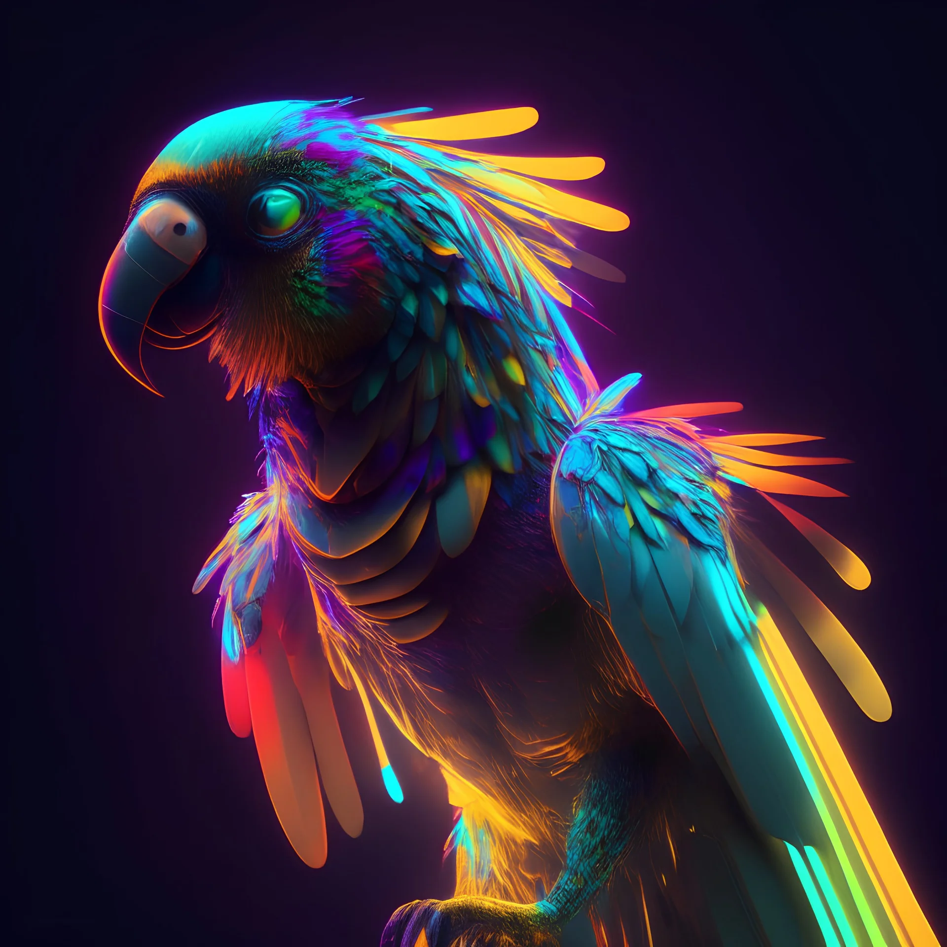 The one who flys with the howl, parrot face, human body, colorful light, neon stripes, clear very height details, Octane render
