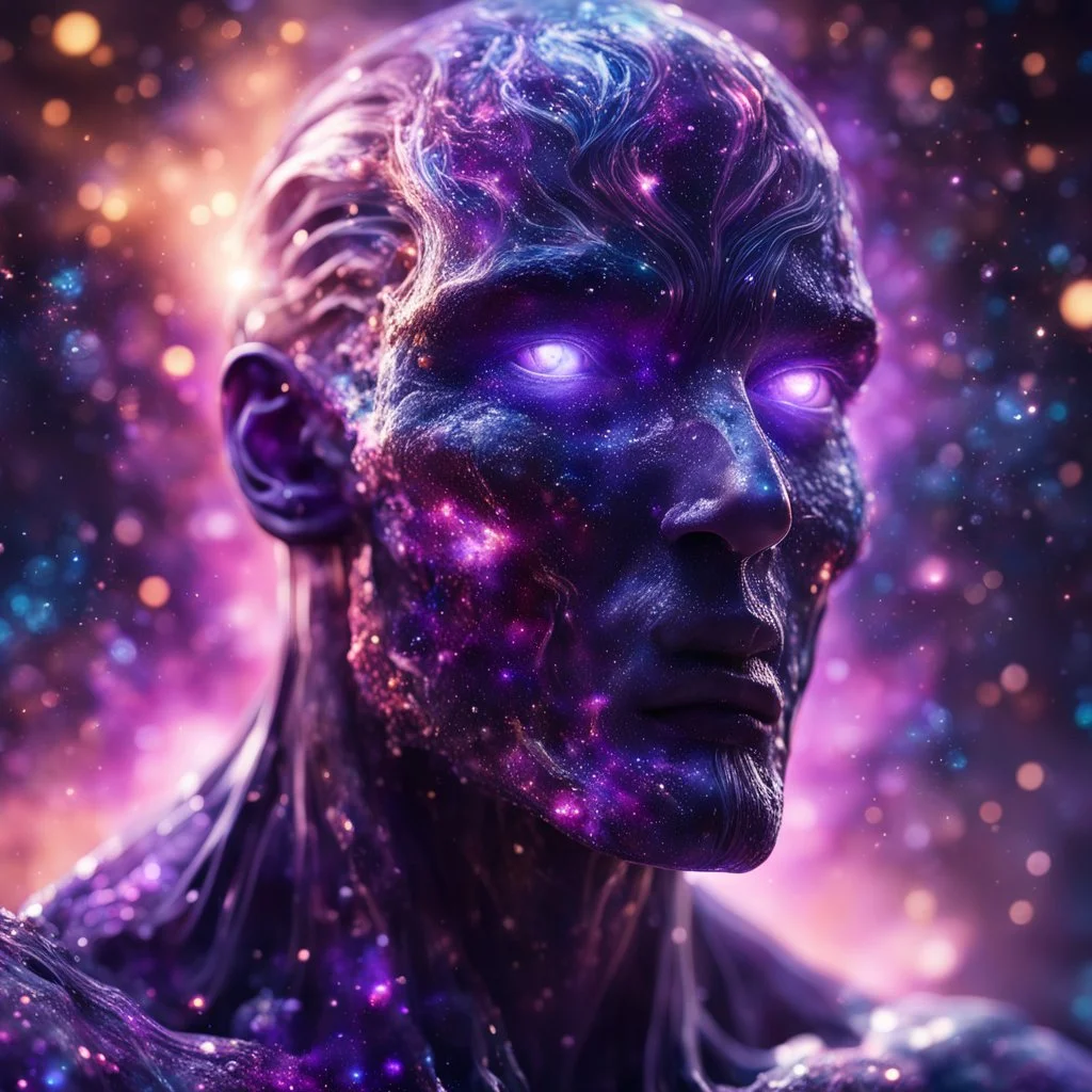 a colossal godlike titan faceless humanoid figure with transparent body made of swirling galaxies and nebulae, piercing glowing purple eyes, sharp focus, high contrast, dark tone, bright vibrant colors, cinematic masterpiece, shallow depth of field, bokeh, sparks, glitter, 16k resolution, photorealistic, intricate details, dramatic natural lighting