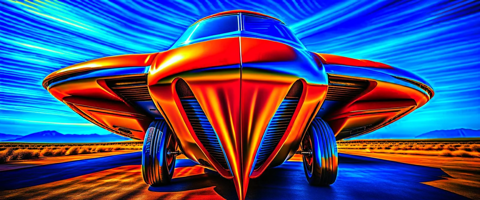 A national geographic award winning photograph of a military fighter jet station wagon elephant hybrid bilaterally symetrical designed by skunkworks, only one vehicle per image painted metallic orange traveling at a high rate of speed, jet intake off of front center of vehicle and jet exhaust out the rear with bright blue flame soviet retrofuturism