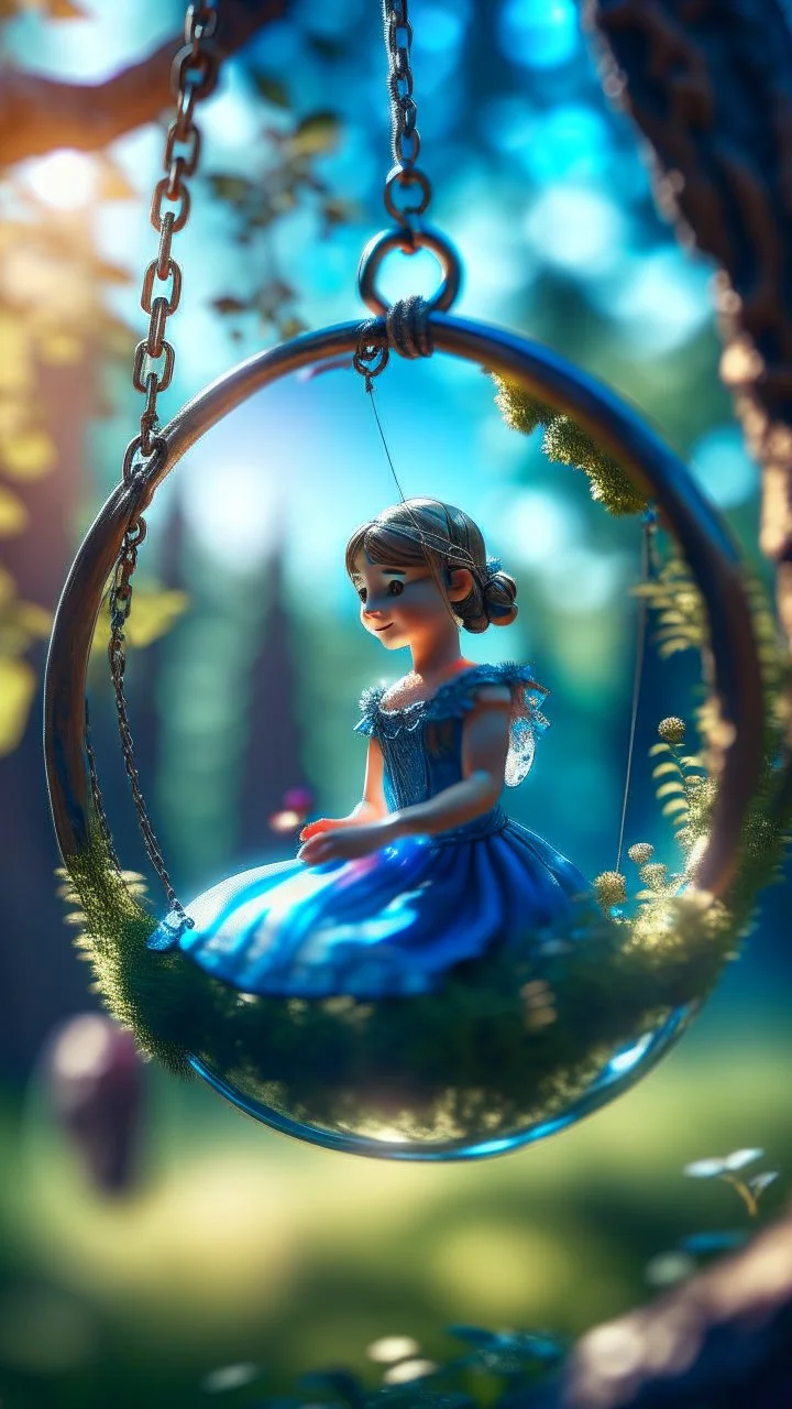 close up portrait of princess on a swing inside a crystal ball hanging from a tree in the mountain , shot on Hasselblad h6d-400c, zeiss prime lens, bokeh like f/0.8, tilt-shift lens 8k, high detail, smooth render, down-light, unreal engine, prize winning