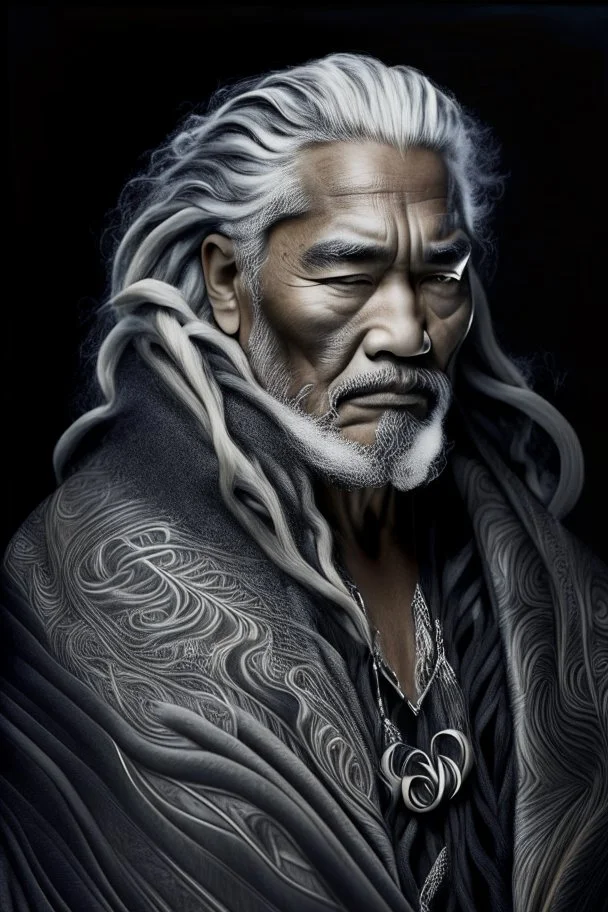 a photo of an Maori man with ethnic jewelry, grey hair and grey flowing robe, in style of Annie Leibovitz, contemporary portrait of a mature yet beautiful and modernist man, black and grey, detailed masculine face, swirling fluid smokey enigma, award-winning artwork