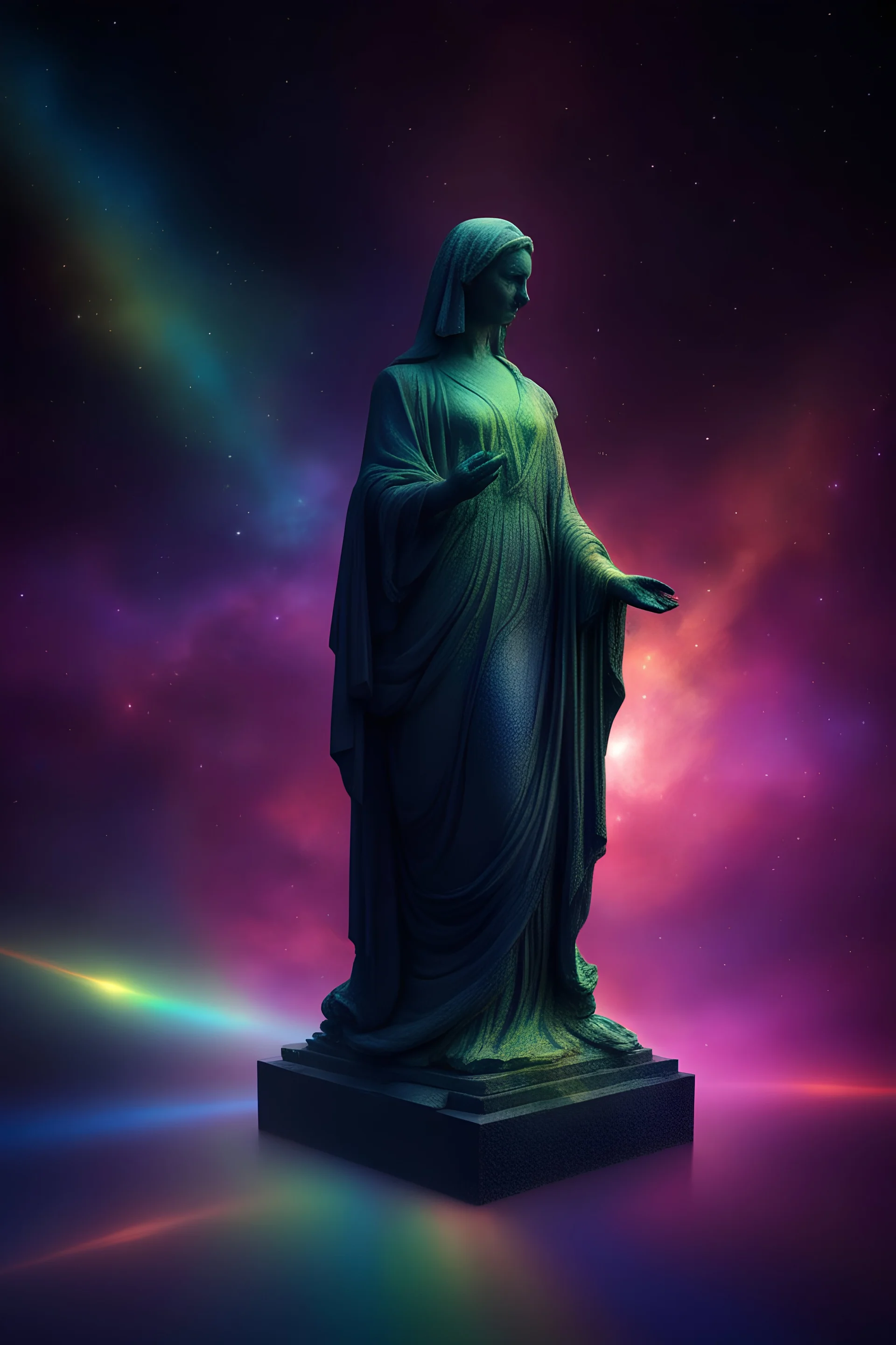 marble translucent glowing hologram statue in space, rainbow light reflection and diffraction, prism light scattering, in deep space stars in black night sky,