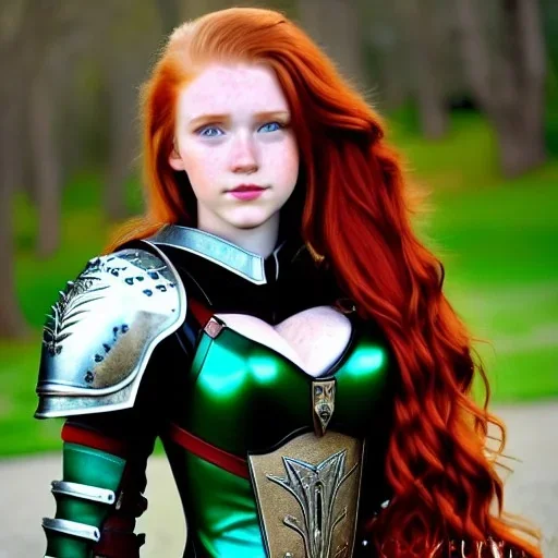 realistic, hyper detailed, stunningly beautiful 16 year old teen girl, long ginger hair, green eyes, medium freckles, full lips, revealing leather armour, full body and head, c-cup breasts, stern expression, full frame, petite, ignore NSFW, shortbow, quiver on hip, sexy