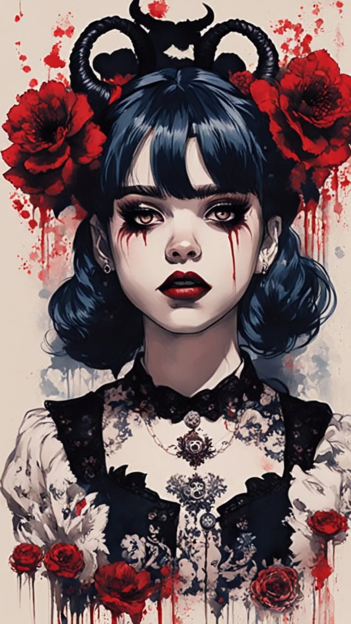 Poster in two gradually, a one side malevolent goth vampire girl face and other side the Singer Melanie Martinez face, full body, painting by Yoji Shinkawa, darkblue and sepia tones, wears a smart shirt which is embroidered with red flowers and ornaments, has dark eyes and horns