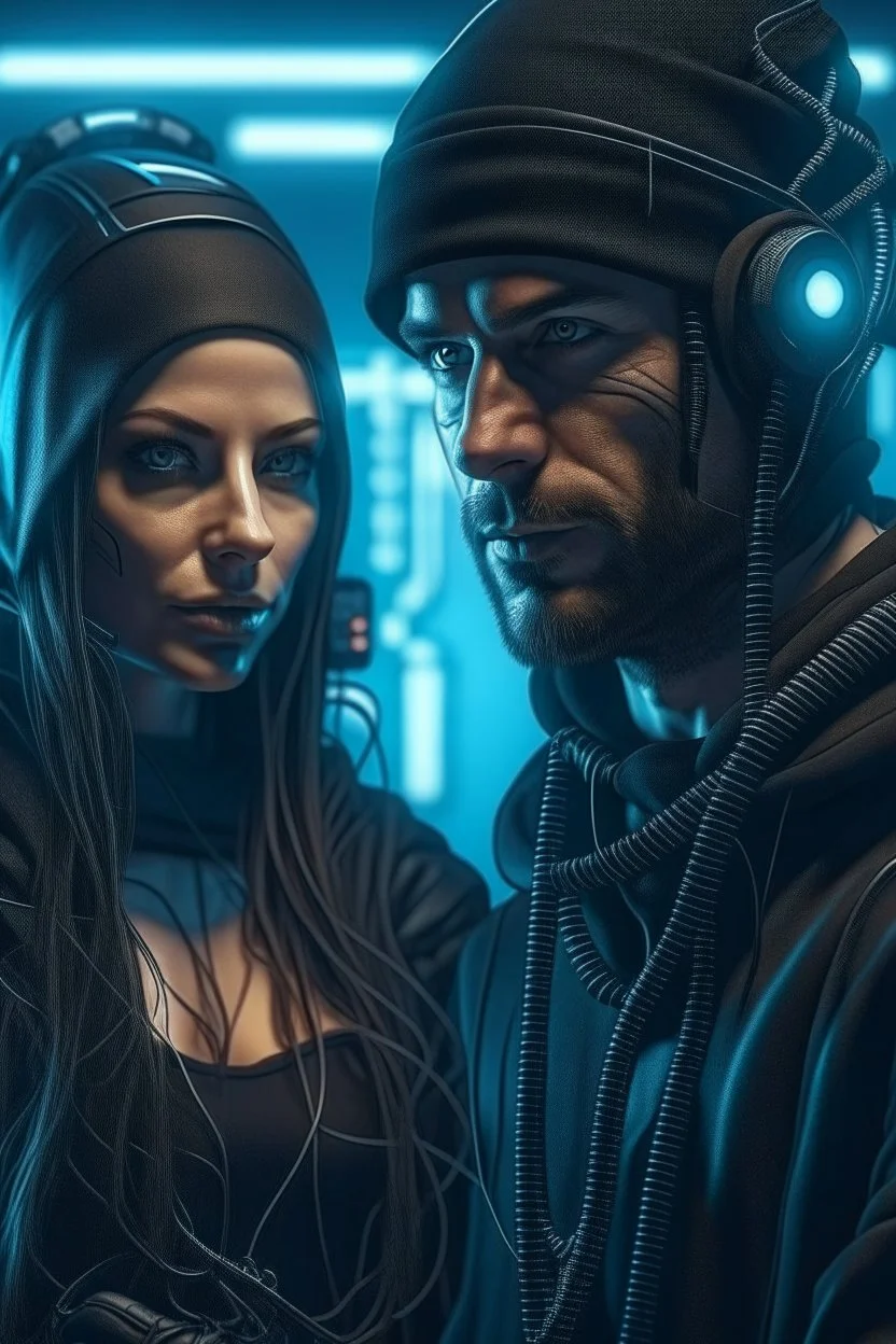 a handsome cyberpunk man wearing a balaclava connected by wires with a beautiful cyberpunk woman