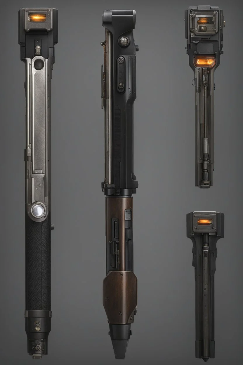 Portrait of a pistol shotgun, double barrel, bayonet, grande launcher, lights, switches, screens