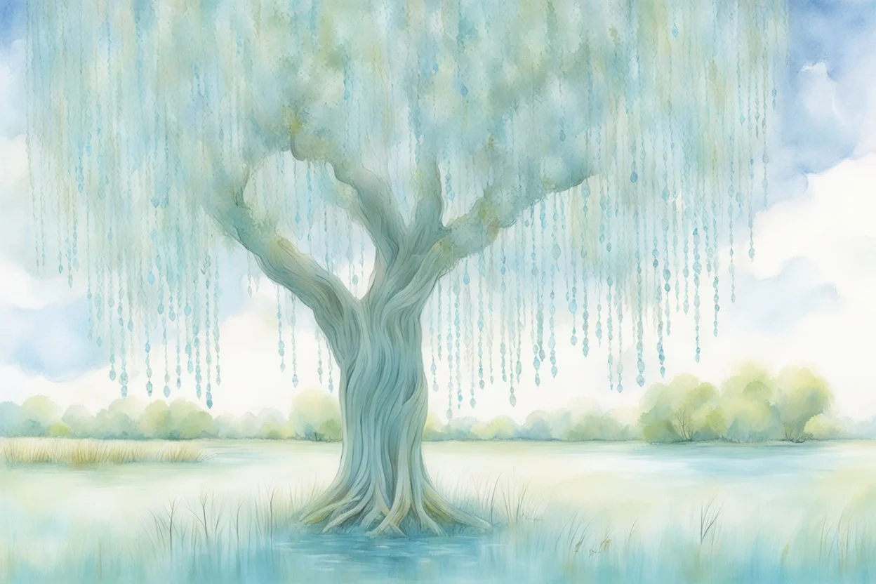 aquamarine gems, clouds, willow tree