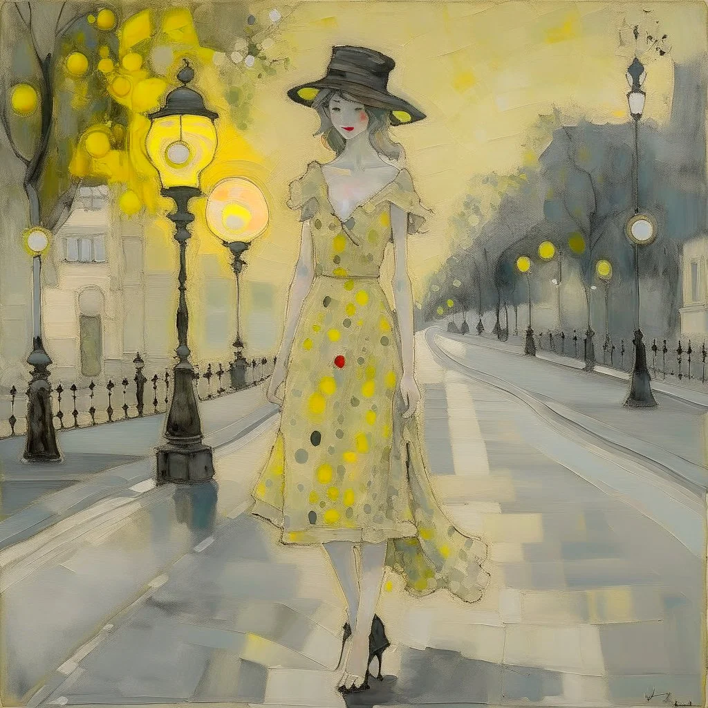 Whimsical and crazy painting of a full body young woman in a soft and dreamy style. The figure standing in the boulevard under a gas lamp shining a pale yellow light is shown in shades of gray and white, with red and yellow dots for emphasis. She wears a flowing black muslin dress and a black wide-brimmed hat, which gives her a graceful and elegant look. The background is abstract, with dull tones that blend together to create a misty atmosphere. Large, stylish red flowers frame the scene, with