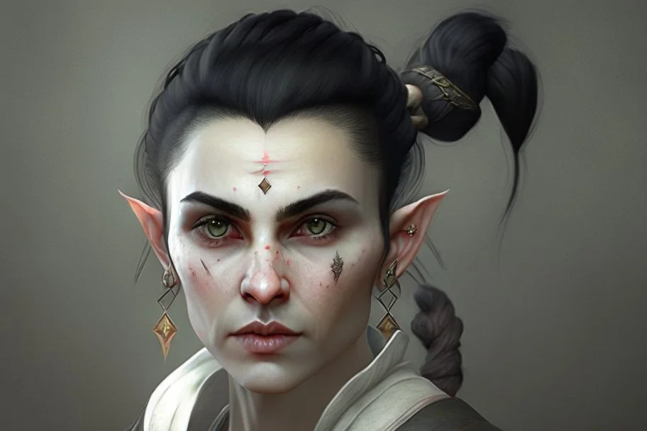 A Fantasy elf, a white male with black hair tied up in a bun, a scarred left eye. Full body