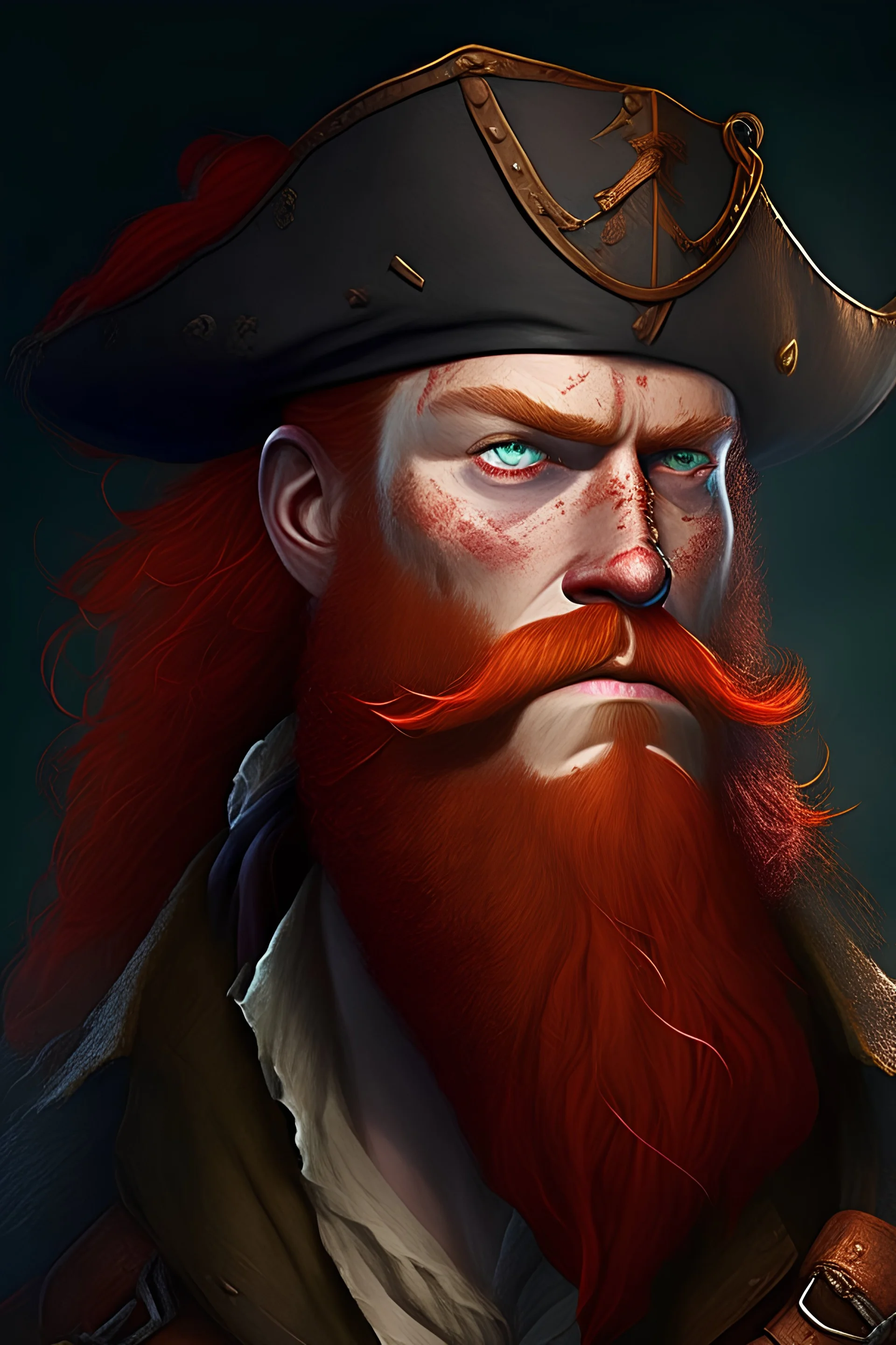 Create a portrait of an extremely strong pirate named Shanks. He's red-haired, with a thick beard and one eye covered in a prominent scar. His expression is determined and courageous, conveying a mixture of bravery and wisdom. Dress him in a classic pirate outfit with a captain's hat