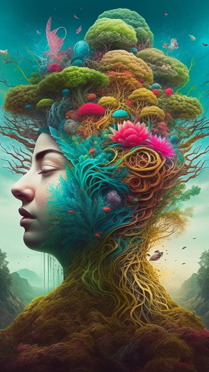 surreal abstract artwork that combines elements of nature, technology and human emotions