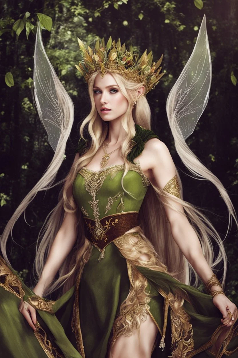 Golden Hair,Green eyes, Very long blonde hair. Rapunzel,beautiful ,flawless,long blonde hair,fairy crown, elven crown,sparkle,lily of the valleys,elven ears,pointed ears