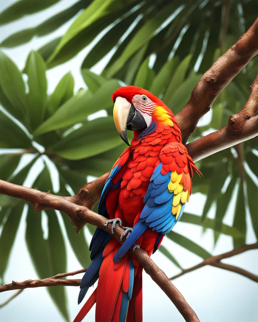 Scarlet Macaw bird, trees, ultra quality, hyper detailed, digital art, 3D 8k