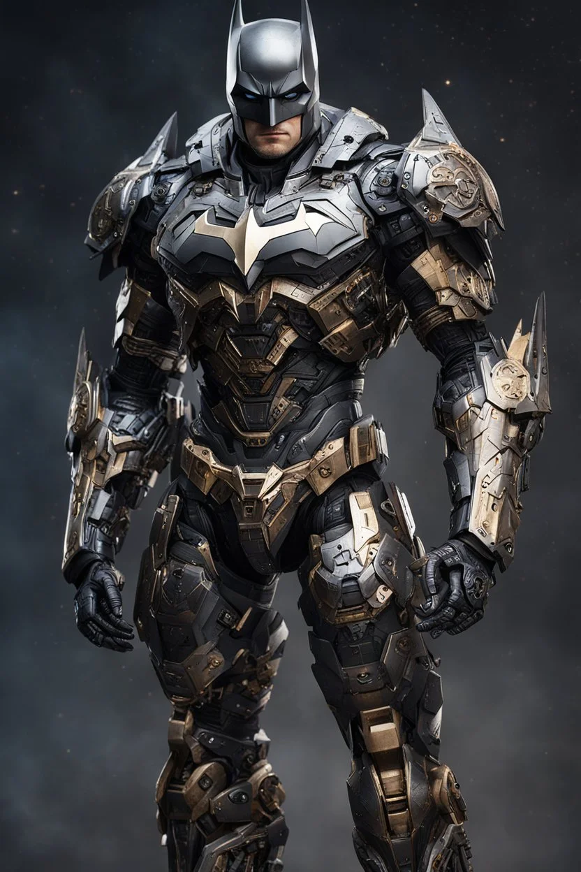 Fullbody photography front view of a Batman mech in transformative style, his metallic skin gleaming with intricate textures and intricate details, captured in an ultra-realistic style that blurs the lines between reality and imagination, cosmic background