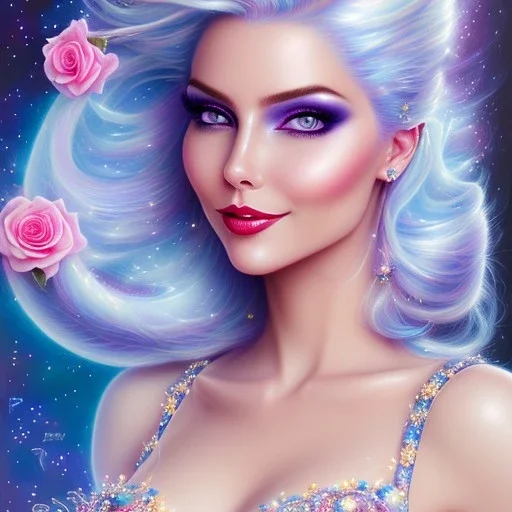 jolie femme galactique cosmonaute sourire avec longs cheveux bleu pastel joli visage souriant et beau corps bien formé , beaux yeux bleus rieurs - grandes ailes bleu ciel , ciel bleu fleurs blanches et roses. robe en soie, jolies dents, jolis yeux rieurs , picture precise and hight quality 8k, 10k ambiance rose pÂle, combinaison de cosmonaute, bijoux