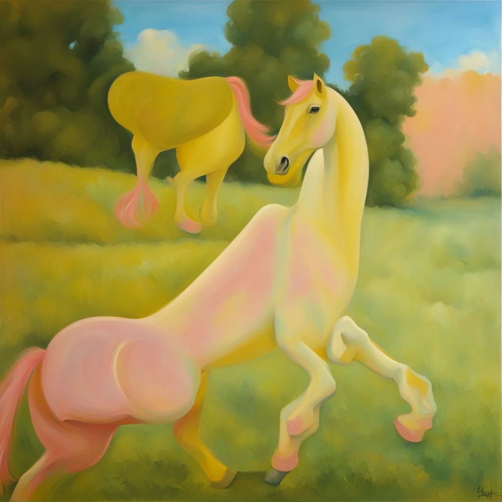 Big pink plastic toy horse.19th painting