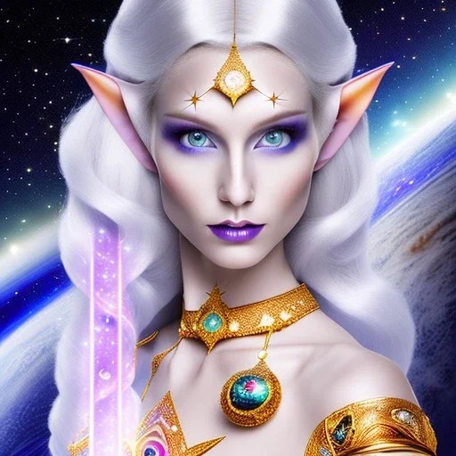 cosmic mage, elf, female, cosmic magic, long ears, white hair, face details, pale skin, jewellery, broad shoulders, sharp ears, cosmic clothes, cosmic eyes, ears shown, the cosmos in eyes, shining eyes, thin face, detailed ears, magical eyes, closed mouth, make up, smiling face, happy face, pointy ears