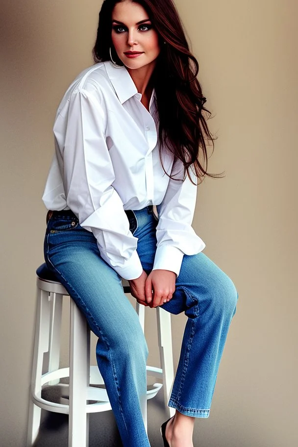 Pretty woman sitting on a stool, wears hunge open white shirt and blue jeans