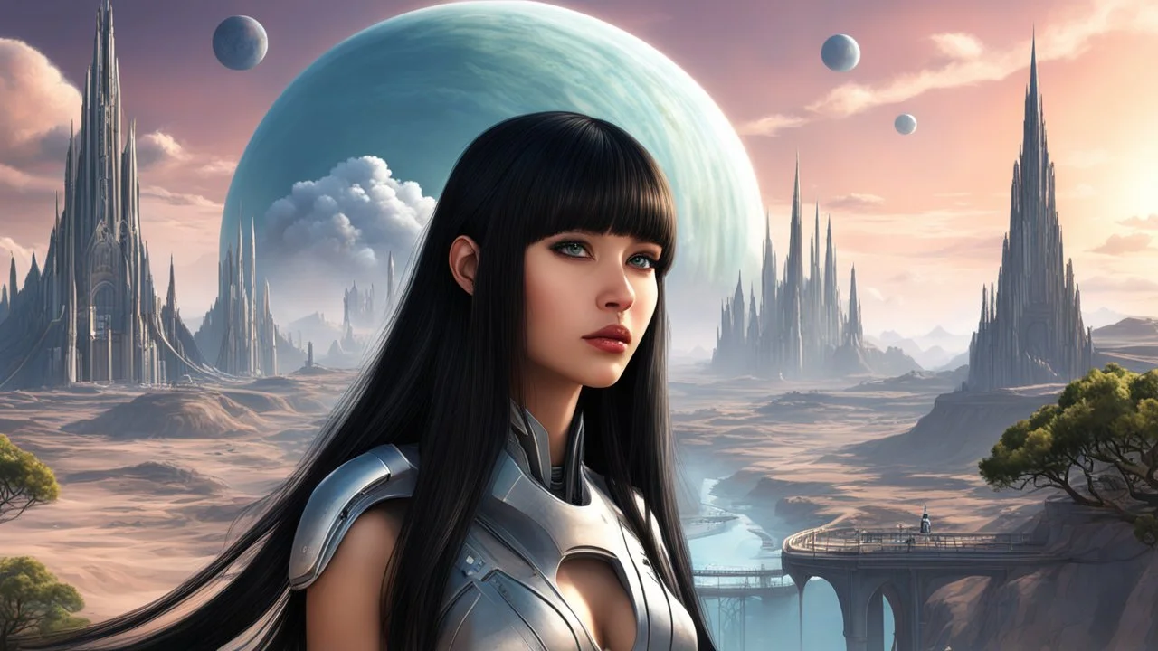 exotic slim sci-fi girl, with long dark hair with bangs, on an alien planet with cloud trees, tall spires, buildings, bridges, arches, photorealistic