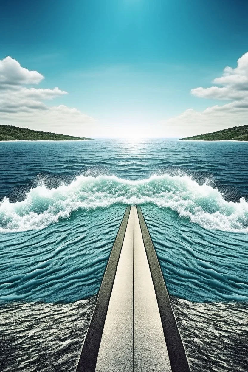 The ocean is divided into two and the infinite road appears. On both sides of the road, the sea water flows backwards like a waterfall.