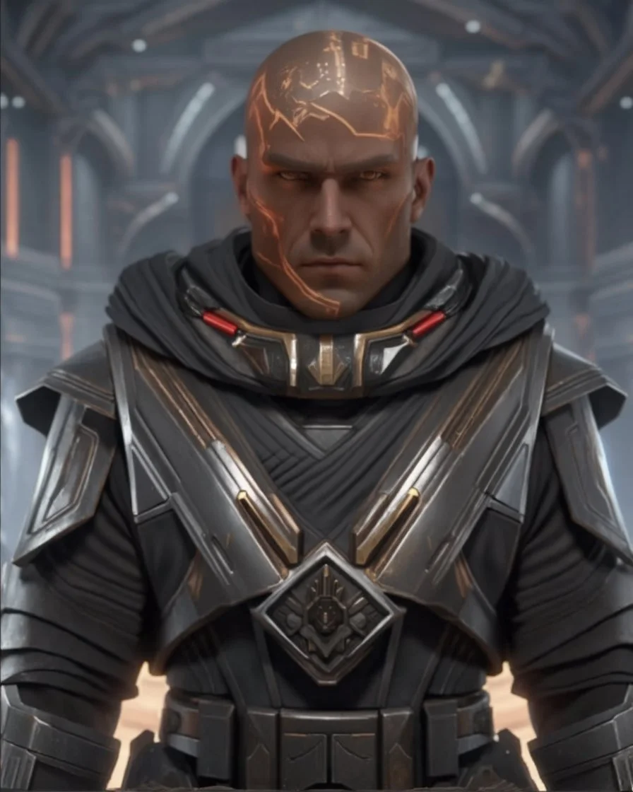 star wars bald male corellian jedi wearing gunmetal grey and black old republic armored flightsuit with gold and metallic red trim inside the jedi temple, centered head and shoulders portrait, hyperdetailed, dynamic lighting, hyperdetailed background, 8k resolution, volumetric lighting, light skin, fully symmetric details