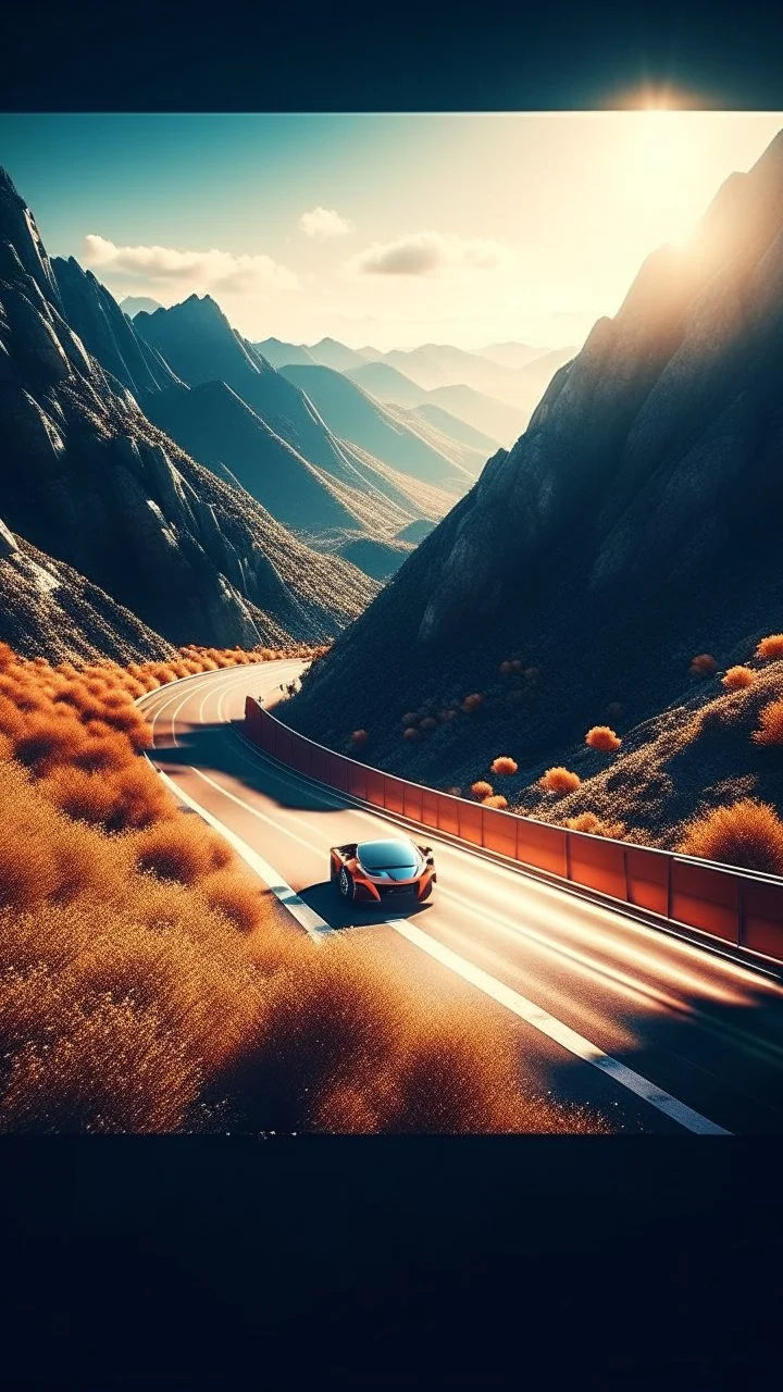 A race cars road in a stunning mountain landscape, mountain gorge, bright color palette, high detail, perfect composition, gcinematic shot, intricate details, hyperdetail