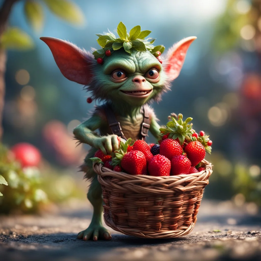 hairy heavy metal gremlin kobold strawberry beast hippie with long eyebrows holding a basket of berries,bokeh like f/0.8, tilt-shift lens 8k, high detail, smooth render, down-light, unreal engine