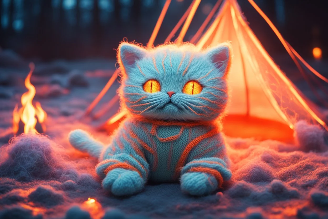 Against a dark cracked holographic marble background, a cute chibi plushy fluffy knitted and embroidered cat, tent, campfire, pond, mist and fog in sunshine, drawn in orange glowing neon lines. The cracks in the background are golden. Ethereal, cinematic postprocessing.