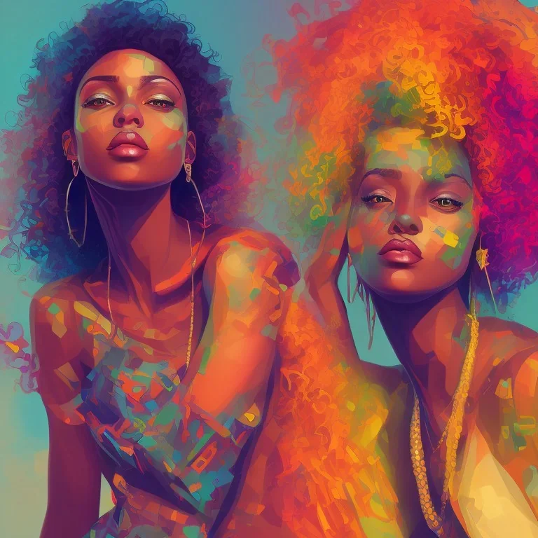 Portrait of beautiful black woman, illustration, bright colors, long curly hair