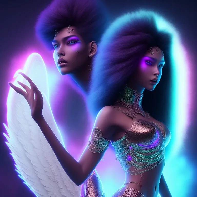 full body shot, masterpiece, best quality, black skinned, sparkling eyes, long hair, gourges Angel,wings,fluorescent skin,blue-dark makeup,synthwave, indigo, highly detailed body, sun light, 4K, RAW, depth of field, high contrast, realistic details, 24mm vaporwave aesthetic, synthwave, artstation, concept art, smooth, extremely sharp detail, finely tuned detail, ultra high definition, 8 k, unreal engine 5, ultra sharp focus