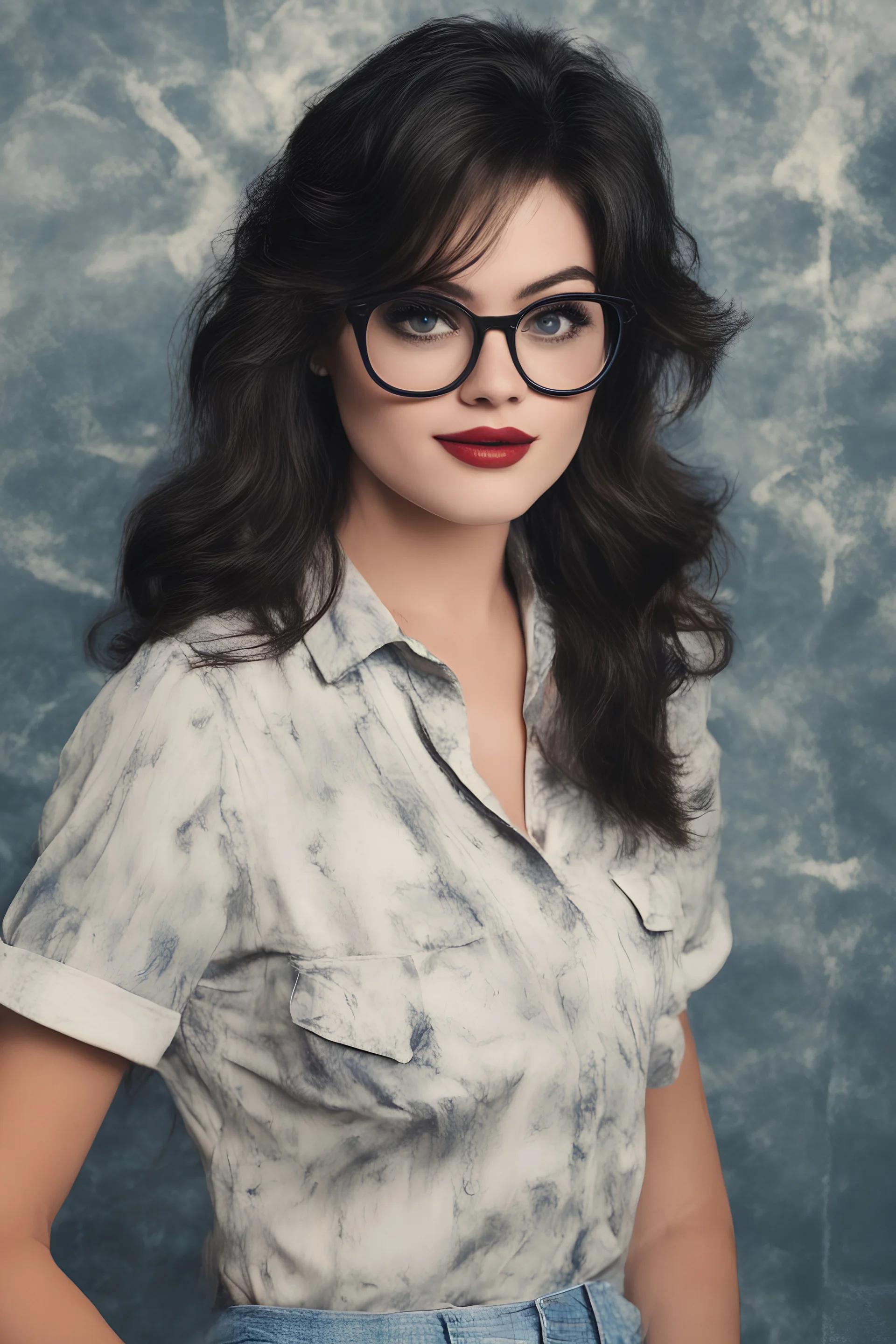 1980's yearbook photo, Lucy Hale/Dolly Parton/werewolf hybrid, 1980's clothing and hair styles, 4k UHD, photorealistic, ((big, full, plump, pouty lips:1.5)) black hair, big cat-eye eyeglasses, dark blue foggy gradated marble wall background - Lucy Hale is so hot it makes me all warm and fuzzy just looking at her face