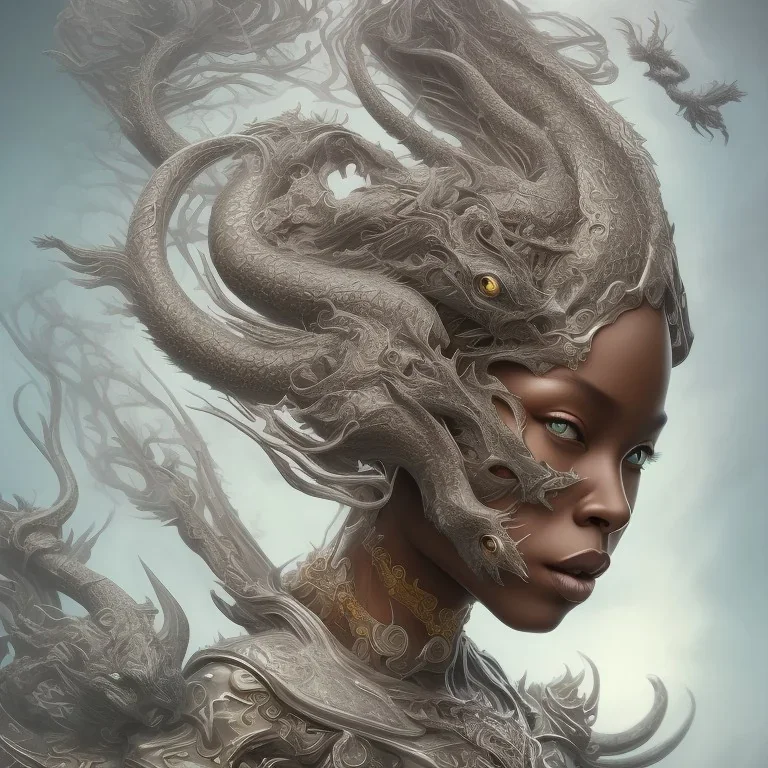 sango fantasy, fantasy magic, intricate, sharp focus, illustration, highly detailed, digital painting, concept art, matte, artgerm and paul lewin and kehinde wiley, masterpiece sexy lips Asian afro lips black African lady body mermaid Dragon head silver bright snow lady outer space mermaid pretty skull head