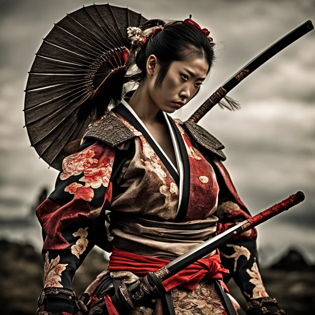 Behold the powerful alluring and pretty Japanese samurai woman, her body adorned with the traditional samurai costume, HDR, beautifully shot, hyperrealistic, sharp focus, 64 megapixels, perfect composition, high contrast, cinematic, atmospheric, moody