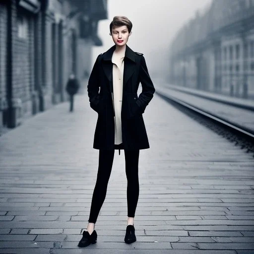 A beautiful slender well dressed young woman with short hair and a black trench coat, waiting for a man at night at a train station in London