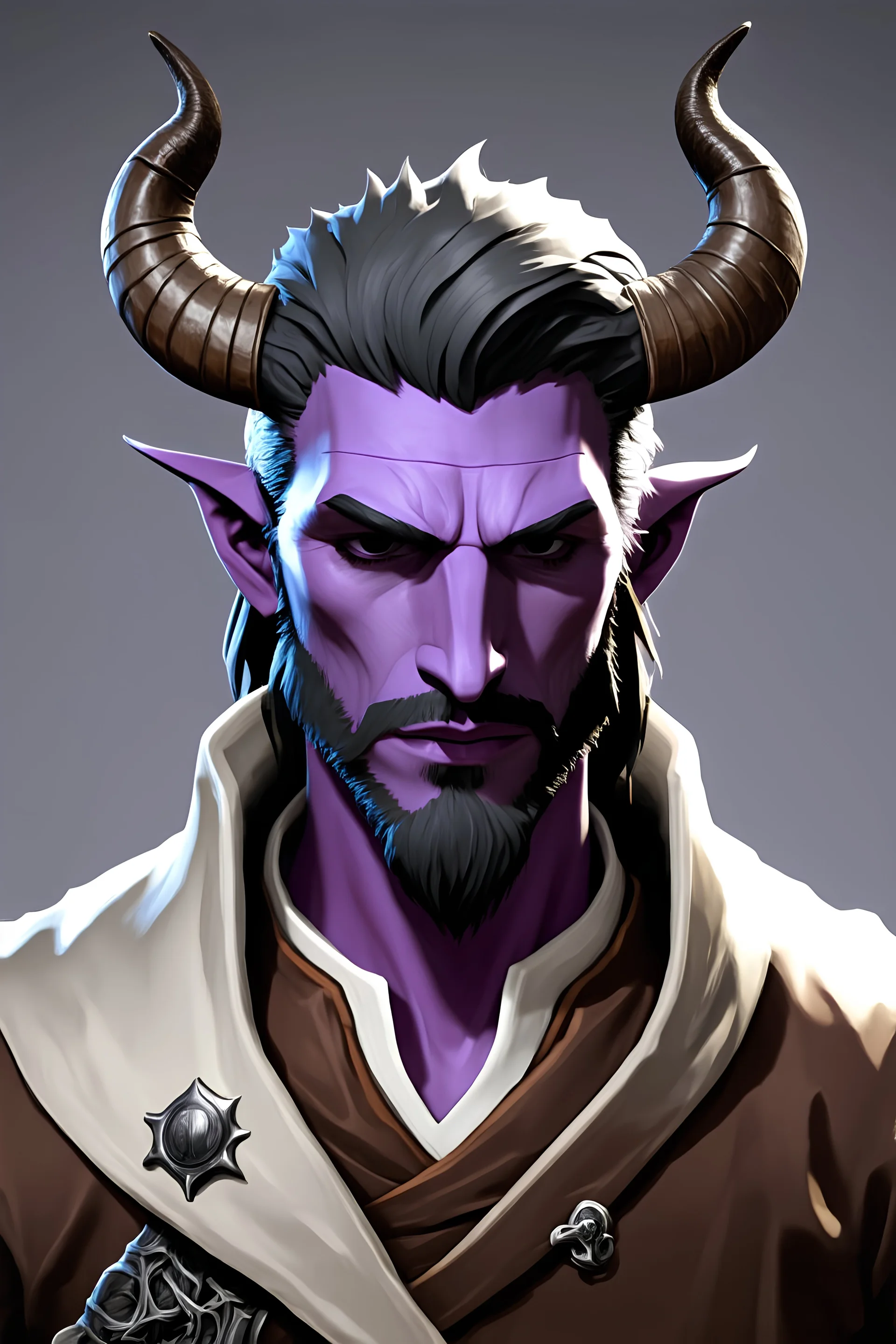 realistic grey-purple skin male Tiefling pirate with horns