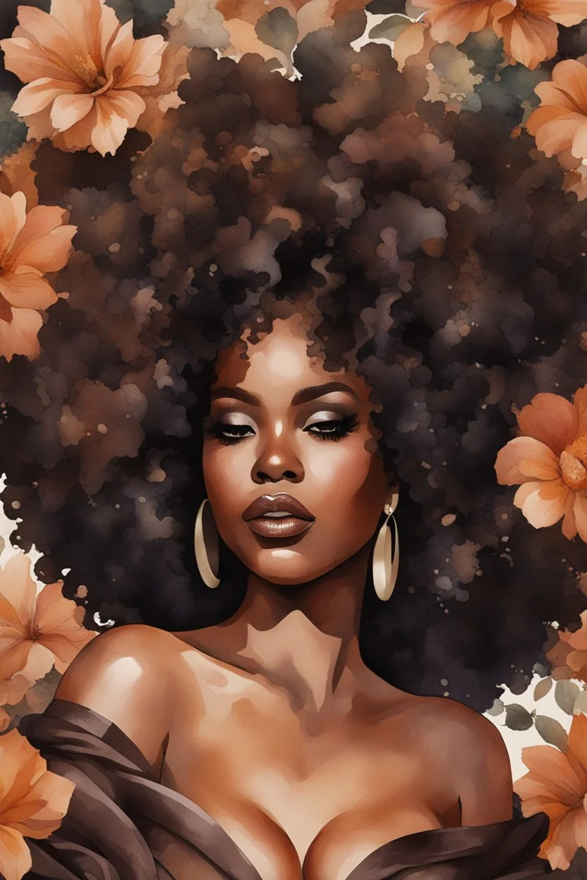 Create a watercolor painting art image of a curvy black female wearing a brown off the shoulder blouse, and she is looking down with Prominent makeup. Highly detailed tightly curly black afro. Background of large brown and black flowers surrounding her