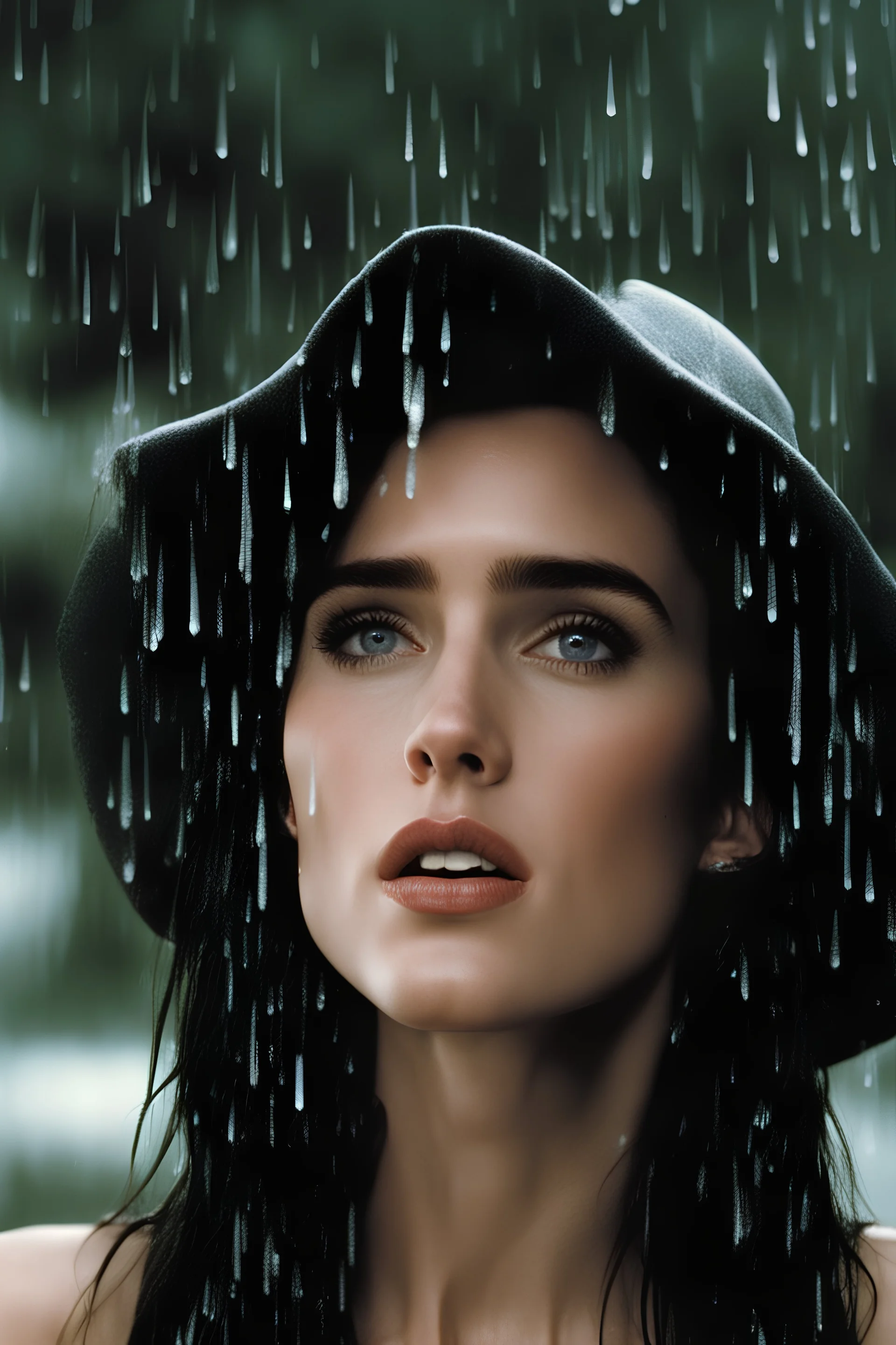 Beautiful 25 year-old Jennifer Connelly is standing outside in a rain shower with no rain-coat, umbrella, or hat on, with her head tilted up to the sky, her tongue sticking out and catching raindrops, as if reliving a childhood memory.