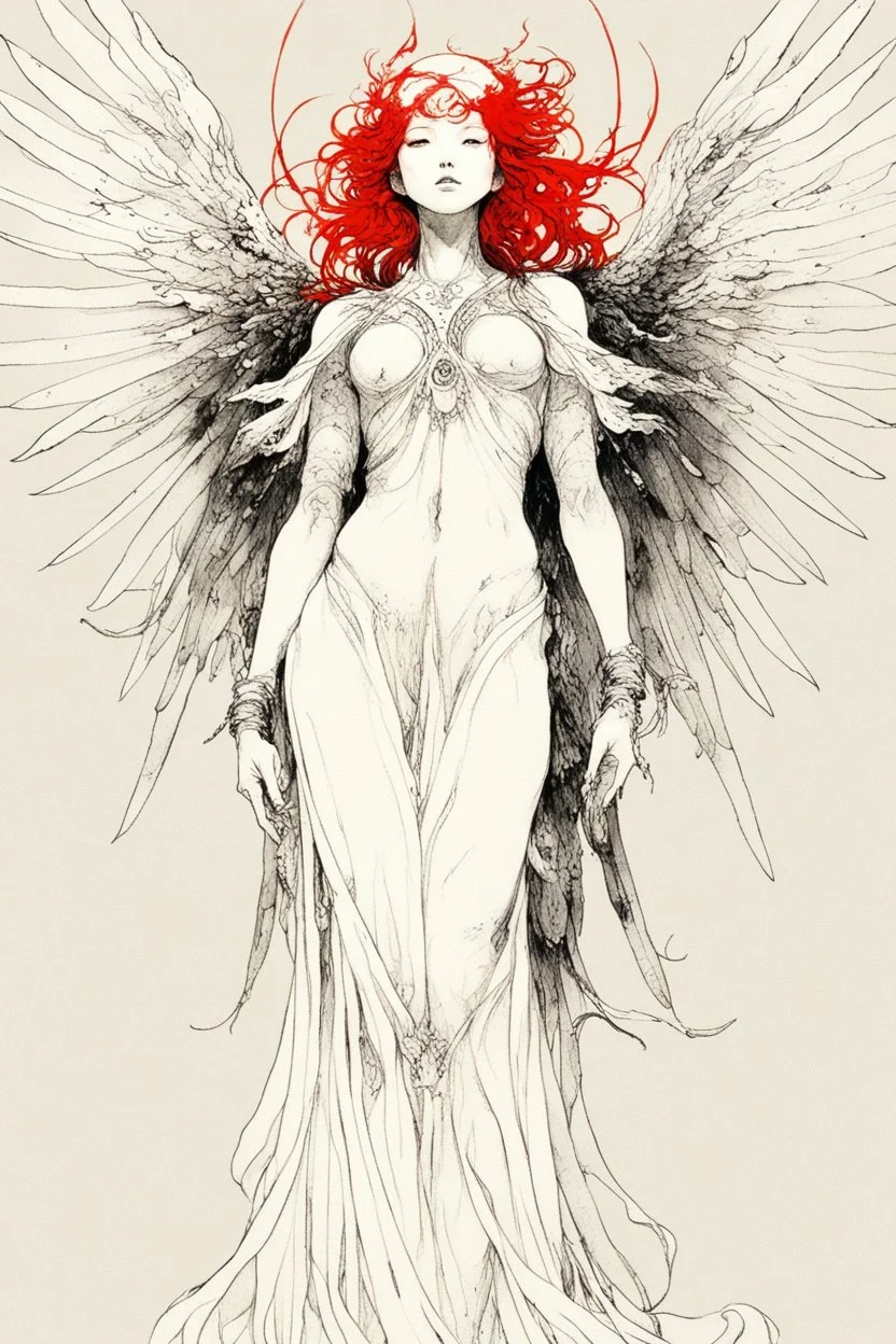 style of Yoshitaka Amano ~a fierce angel, standing with all her might wings outstretched staring deep into your soul, her ornate robe reminiscent of the stars in the night fiery sky. surrealist. Shades of luminous white and red piercing shadow, reminiscent of Beuys and Qian Xuan.