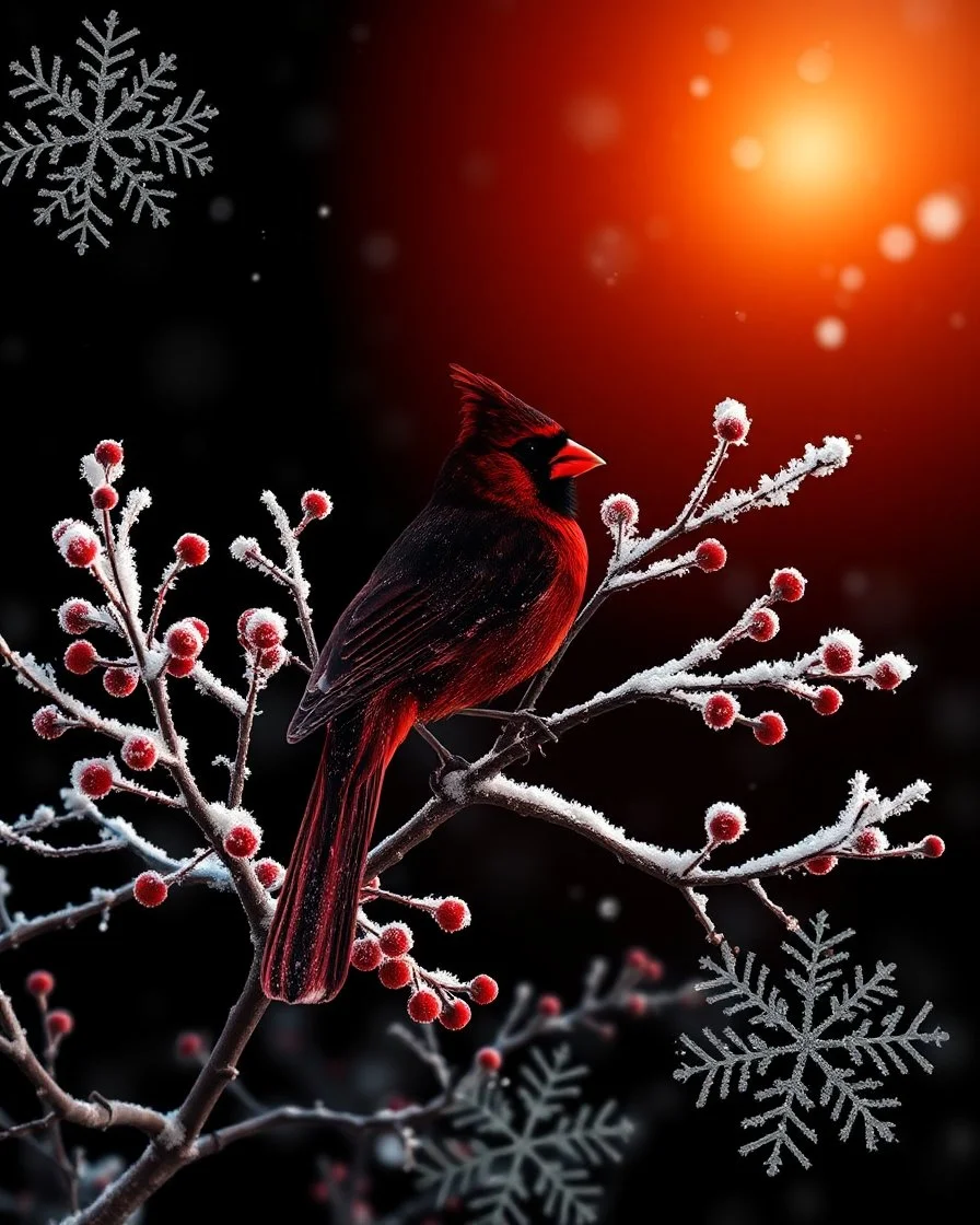 Create the silhouette of a cardinal in containing Double Exposure, a frosted berry woodland at sunrise; delicate branches form feather patterns, soft crimson highlights against snow-white textures, refined Christmas elegance. Background is black with many large snowflakes.