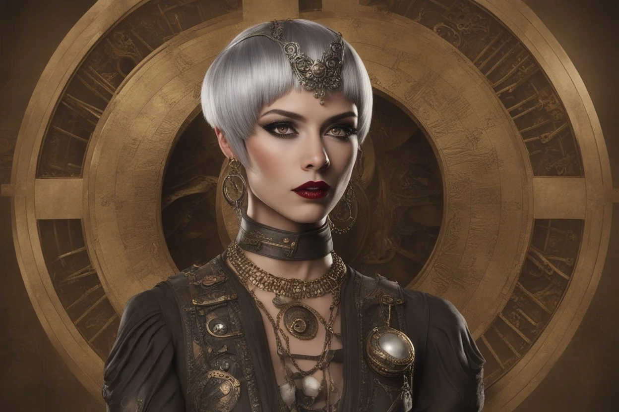 full body and headshot of a skinny Cleopatra, with a silver bob hairstyle, standing in a steampunk setting.