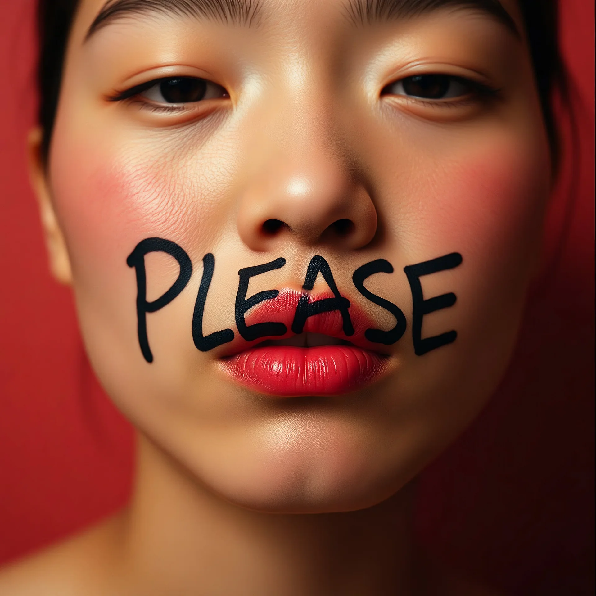 photograph, 'PLEASE' written on a cheek, in the style of photographer Ren Hang