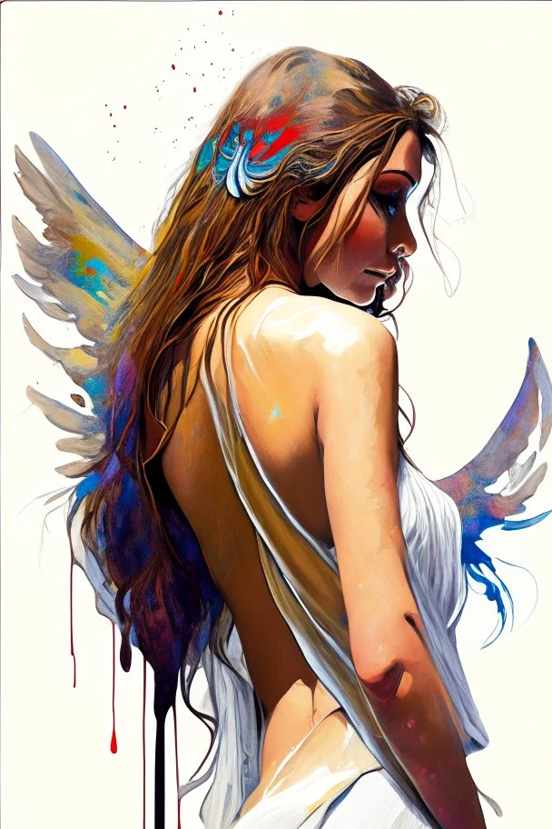 A detailed illustration of a beautiful young female human with growing out of her back. Her skin, hair and face are all made of paint. Her wings are spread. Front view. Highly detailed flawless facial features and eyes. Abstract Oil painting splash art. White background, wide angle, abstract design, beautiful, thick flowing paint strokes, dripping paint, fantasy art, modern art, ((soft happy complimentary colors,)) modern aesthetic, focused on the character, 4K resolution.